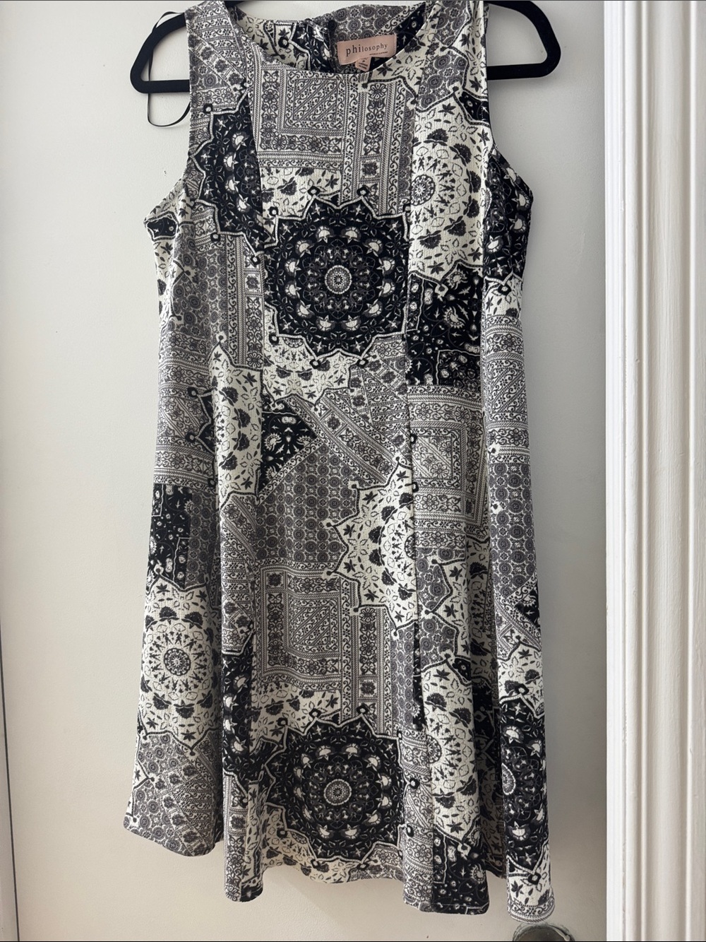 Philosophy Black & White Medallion Tile-Print Sleeveless A-Line Dress